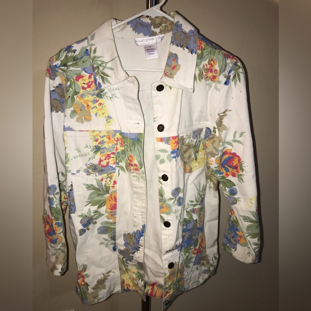 Susan Grave Styles- White floral design Jean jacket- lightly worn!